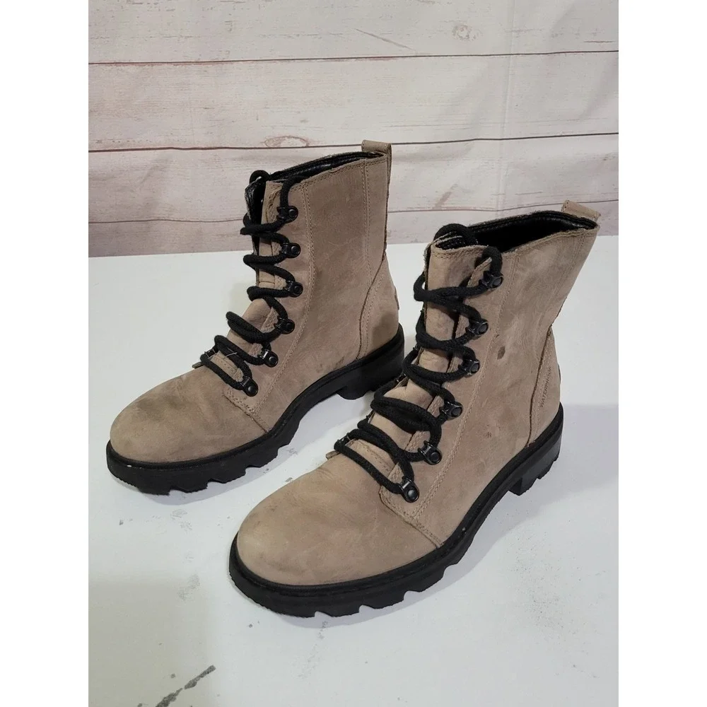 Sorel Lennox Lace Up Boots Womens 9 Tan Black Leather Waterproof Outdoor